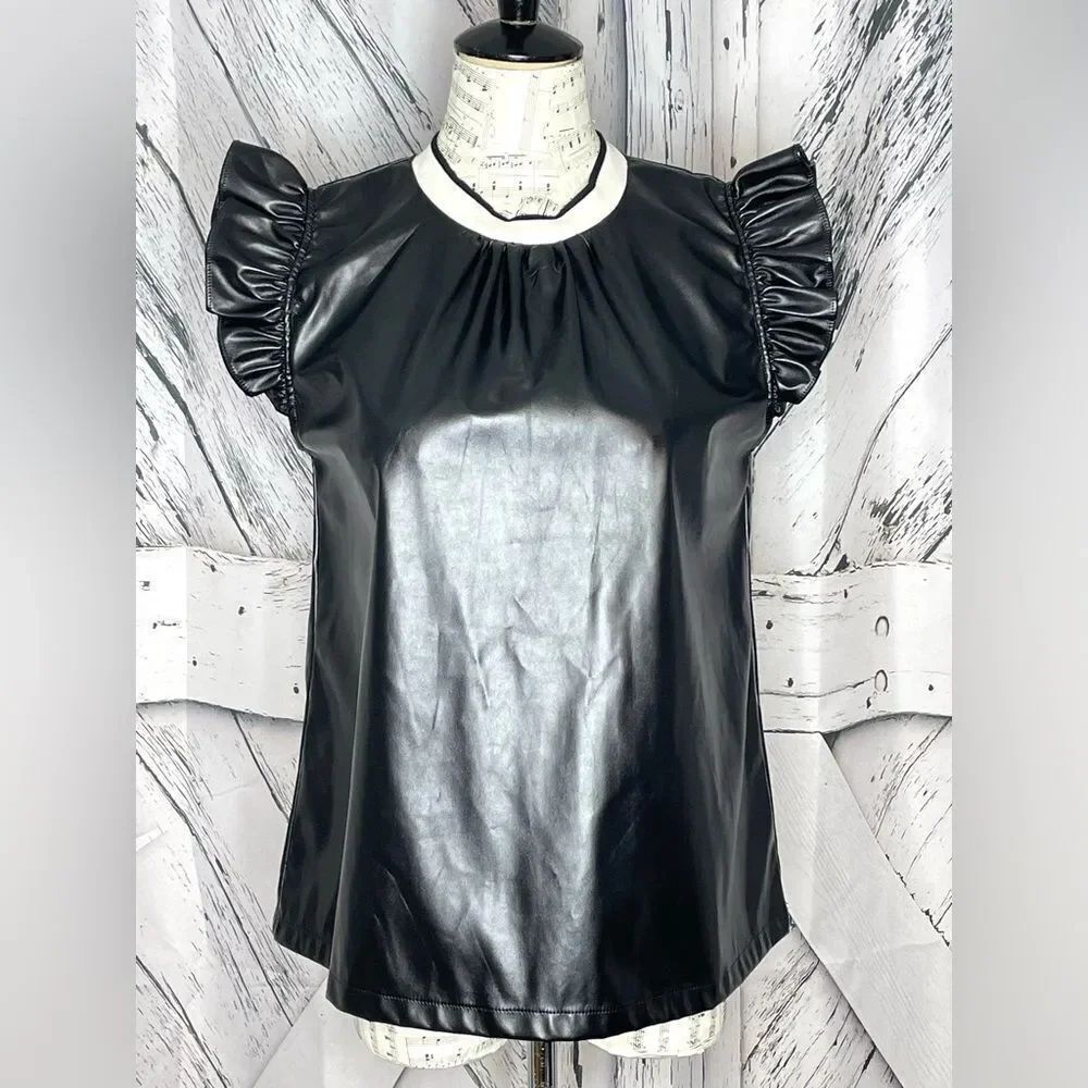THML Faux Leather Flutter Sleeve Top Black S